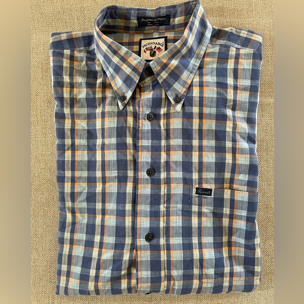 Faconnable Vintage Check Print Button Down Cotton‎ Sport Shirt Size XL